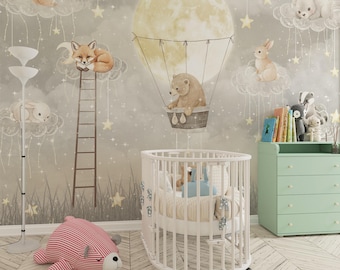 Watercolor Sweet Animals in the Sky Kids Room Wall Mural: Digital Wallpaper (Digital File)