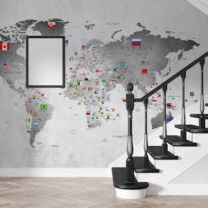 Banderas de países Mapa del mundo, Mapa del mundo gris, Fondo de pantalla del mapa del mundo, Para impresión digital. Archivo digital.