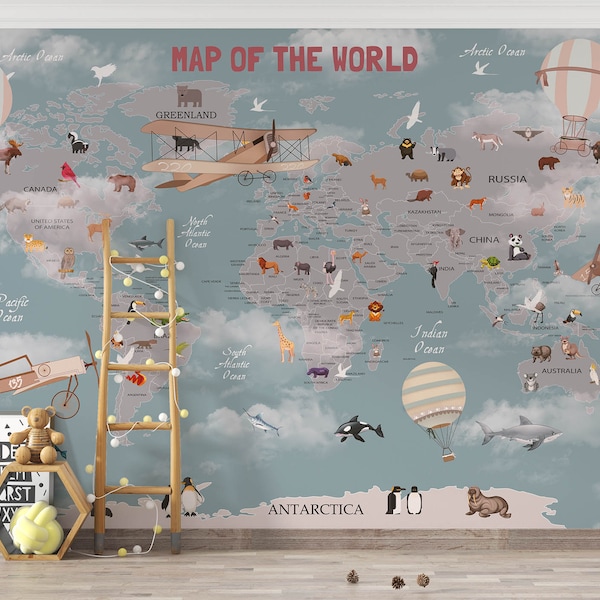 Kids world map, Animals world map,  for children's rooms design , For Digital Print. Digital File.
