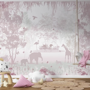 Rosa Wald, Mädchen Raumgestaltung, Tiere Tapeten für Kinderzimmer Design, für Digitaldruck. Digitale Datei.