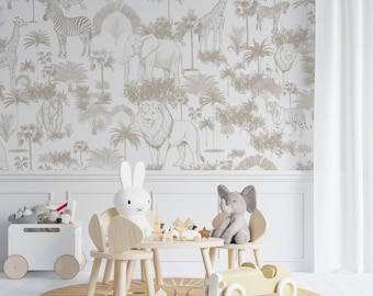 Beige Monochrome Safari Animals and Trees Seamless Pattern Wallpaper (Digital File)