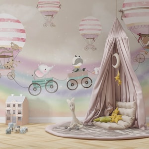 Hot air balloon wall , Sky wallpaper , Kids mural art ,  For Digital Print. Digital File.