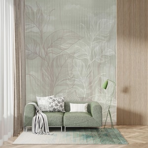 May include: A living room scene with a green sofa, cushions, and a striped throw. The room features a green and white striped rug, a green floor lamp, and a wall with a leaf design. A wooden panel wall and a curtain are also visible.