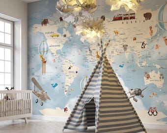 Educational World Map for Kids Room: Watercolor Animal Design (Digital File)