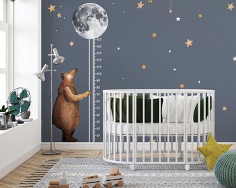 Sweet bear climbing to the moon. Wallpaper,Nursery Decor (Digital File)