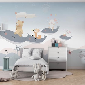 Fröhliche Tiere auf süßen Fischen , Musikalische Tiere für Kinderzimmer gestalten , Für Digitaldruck. Digitale Datei.