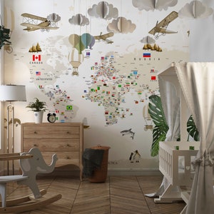 Carte du monde, carte éducative, carte du monde pour enfants, décoration murale pour enfants pour impression numérique. Fichier numérique.
