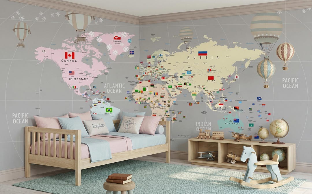 Educational World Map for Kids Room: Watercolor Animal Design (digital ...