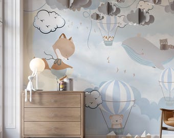 Balloons and Sweet Animals Flying in the Sky : Kids Room Mural Art (Digital File)
