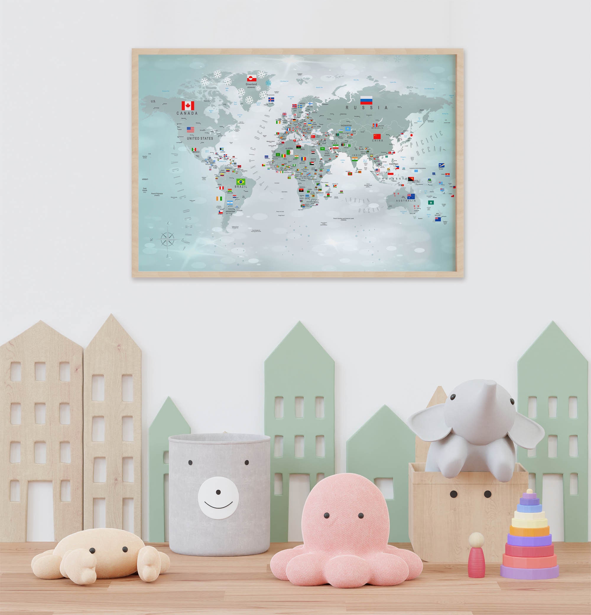 Watercolor World Map With Flags: Kids Room Decor (digital File) - Etsy