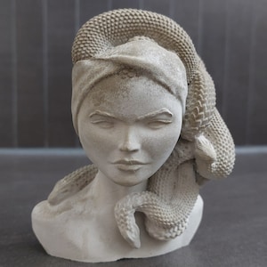 Könnte beinhalten: Eine weiße Gipsbüste einer Frau mit einer Schlange, die sich um ihren Kopf und Hals windet. Die Schlange ist mit Schuppen detailliert und hat eine strukturierte Oberfläche.