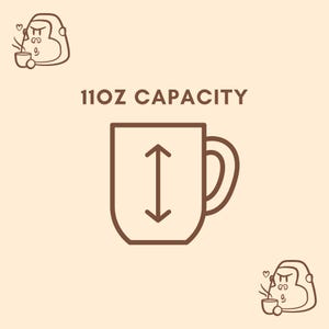 May include: Line drawing of a brown mug with a capacity of 11 oz. The mug has a handle and an arrow pointing up and down to indicate height.
