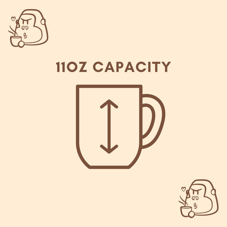 May include: Line drawing of a brown mug with a capacity of 11 oz. The mug has a handle and an arrow pointing up and down to indicate height.