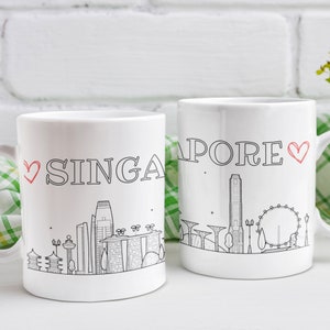 Tazas de Singapur, tazas con el horizonte de Singapur, tazas con los monumentos de Singapur