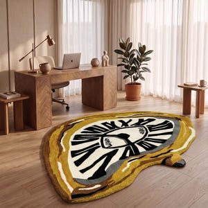 Melting Clock Rug – Irregular Octagon Wool Carpet | Surrealist Dali Style Area Rug | Handmade Abstract Art Floor Rug for Living Room