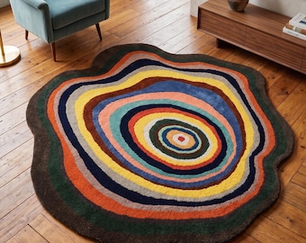 Colorful Spiral Rug, Hand Tufted Wool Rug, Abstract Irregular Area Rug, Modern Artistic Carpet, Funky Living Room Rug, Statement Floor Decor
