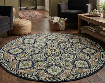 Hand-Tufted Mandala Round Wool Rug Teal and Yellow Boho Traditional Bohemian Decor