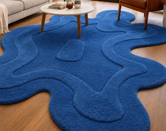 Abstract Blue Irregular Rug, Modern Tufted Area Rug, Organic Shape Carpet