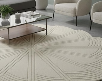 Cream Flower Shaped Wool Rug, Organic Modern Zen Carpet, Hand Tufted Living Room Decor