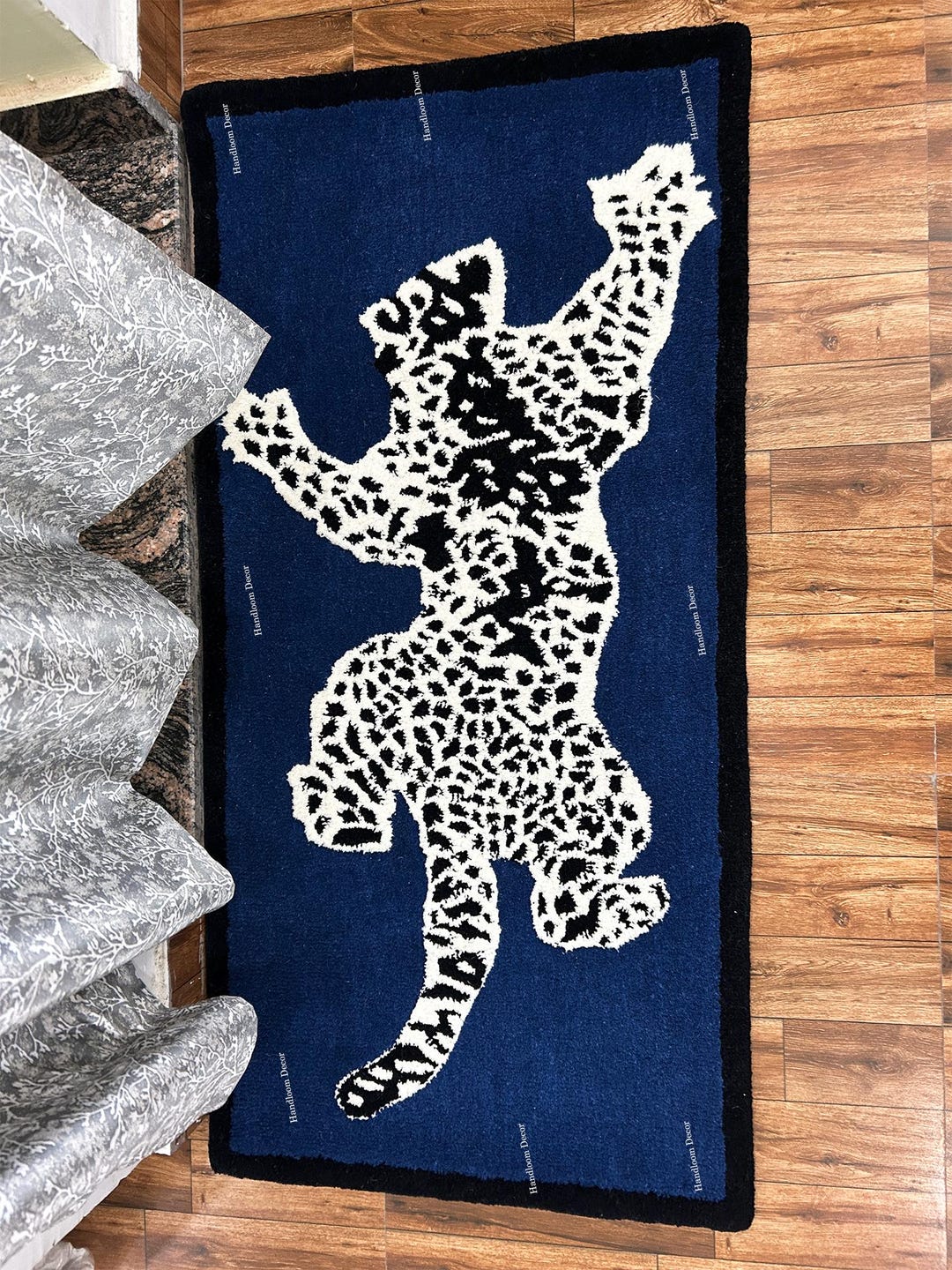 Hand Tufted Wool Rug, Leopard Tufted Rug, Blue Rug, Animal Print Rug ...