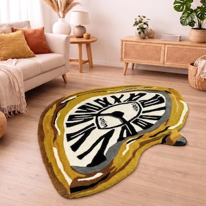 Handmade Wool Tufted Clock Rug – Yellow | Surrealist Melting Clock Area Rug | Dali Style Art Floor Rug for Living Room or Bedroom