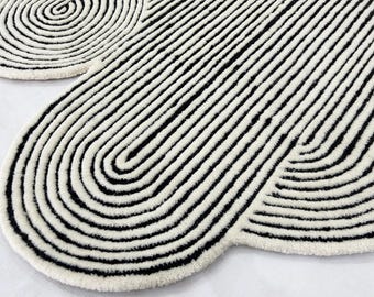Ivory white black rug Irregular Shape Handmade Tufted Wavy Rug Design 100% Aesthetic Rugs Living Room Rug Custom Carpet