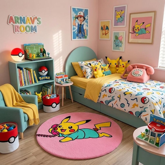 Handmade Wool Tufted Pikachu Rug: Anime Decor, Custom Size