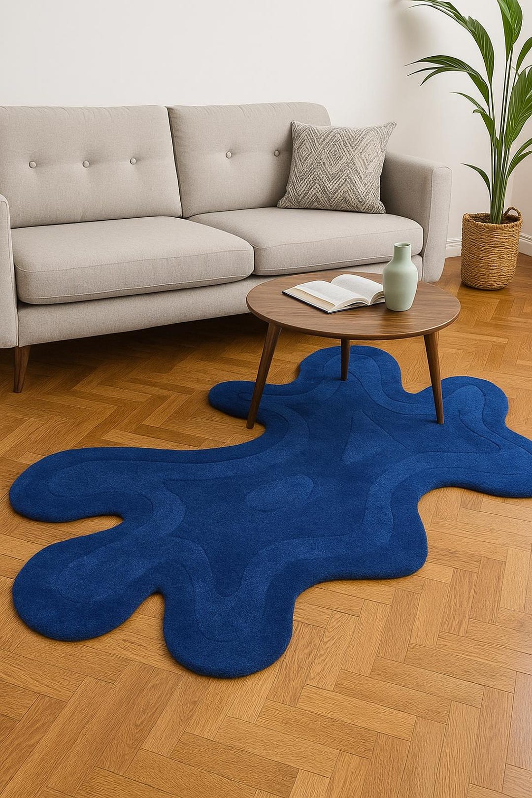 Blue Irregular Tufted Wool Rug – Handmade Small Area Rug for Living ...