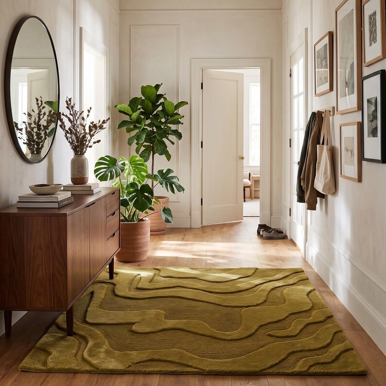 Jhdx Hand Tufted Olive Green Textured Wool Rug, 3D Carved Wave Carpet ...