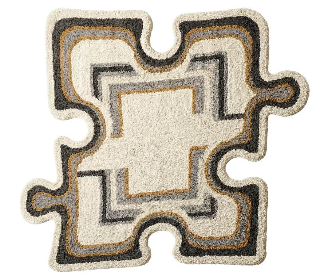 Modern Puzzle Rug Hand-tufted Wool Puzzle Rug, Abstract Geometric Ivory Grey Mustard Area ...