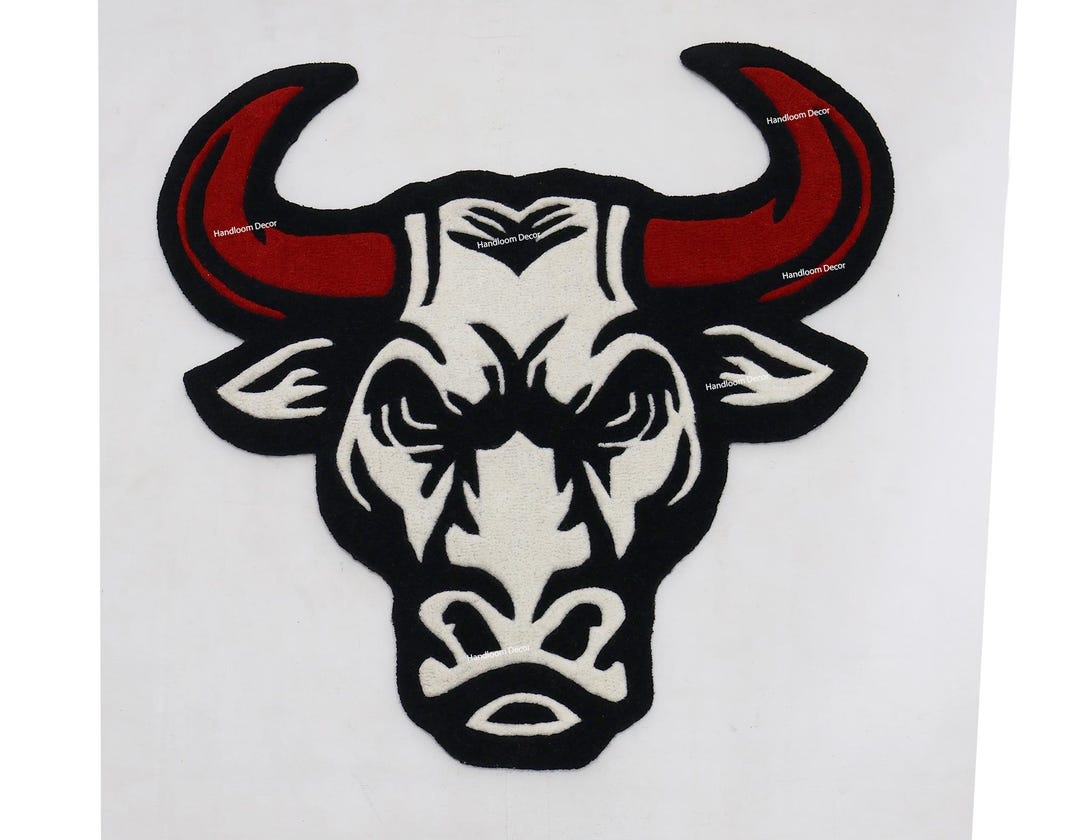 White and Red Rug, Hand Tufted Rug, Wall Art, Bull Face Rug, Animal ...