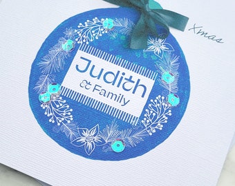 Personalised Christmas Card, Xmas Card, To Family Christmas Card, Handmade Card, Nordic Bauble