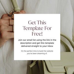 May include: Image featuring a square graphic with the text "Get This Template For Free!". The text is in a dark maroon color. The image also shows a hand wearing rings, a light green purse, and a white blazer.