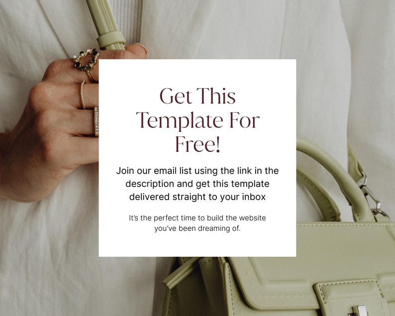 May include: Image featuring a square graphic with the text "Get This Template For Free!". The text is in a dark maroon color. The image also shows a hand wearing rings, a light green purse, and a white blazer.