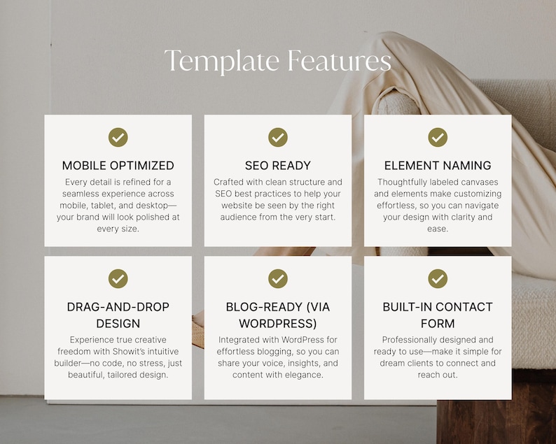 May include: Image showcasing website template features. Text includes "Mobile Optimized," "SEO Ready," "Element Naming," "Drag-and-Drop Design," "Blog-Ready (via WordPress)," and "Built-in Contact Form." Each feature is described in detail.