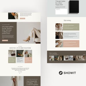 May include: A website design layout with a neutral color palette. The design includes text, images, and sections for upcoming events and coaching services. The Showit logo is visible at the bottom.