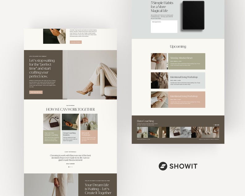 May include: A website design layout with a neutral color palette. The design includes text, images, and sections for upcoming events and coaching services. The Showit logo is visible at the bottom.