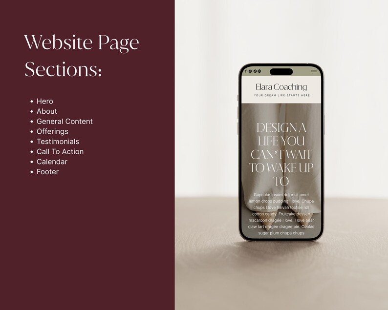 May include: A smartphone displays a website design with the text "Design a life you can't wait to wake up to." The phone is on a light brown surface. A list of website page sections is on the left.
