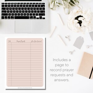 May include: A printable page with a light pink background and black lines. The page is divided into three columns labeled "Date", "Prayer Requests", and "When God Answered".