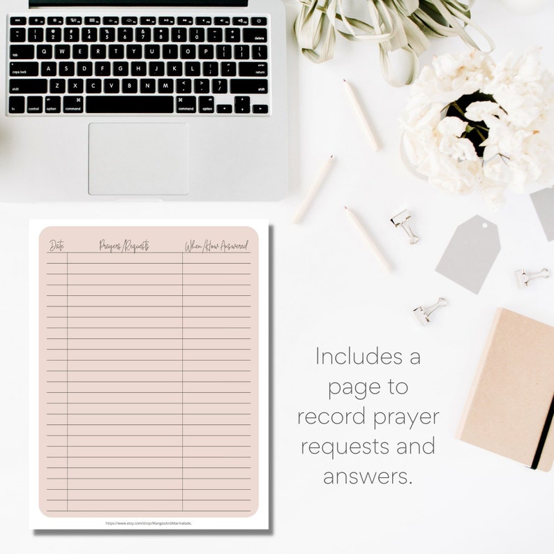 May include: A printable page with a light pink background and black lines. The page is divided into three columns labeled "Date", "Prayer Requests", and "When God Answered".