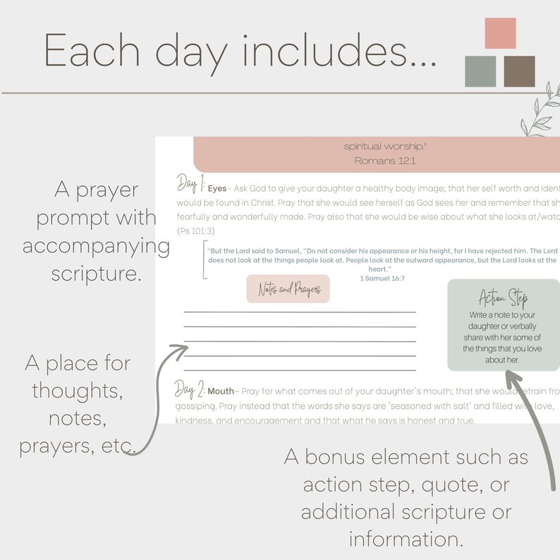 May include: A printable worksheet with a pink and brown background. The worksheet is titled "Each day includes..." and has two sections. The first section is titled "A prayer prompt with accompanying scripture." and the second section is titled "A place for thoughts, notes, prayers, etc." The worksheet includes two days of prompts, one for "Eyes" and one for "Mouth". Each day includes a scripture quote, a place for notes and prayers, and an action step. The action step for day one is "Write a note to your daughter or verbally share with her some of the things that you love about her".