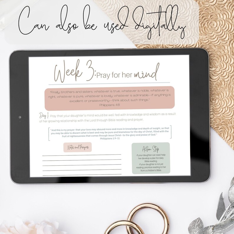 May include: A digital printable worksheet with a pink and green color scheme. The worksheet is titled "Week 3: Pray for her mind". The text on the worksheet includes a quote from Philippians 4:8 and a prayer for a daughter's mind to be well fed with knowledge and wisdom.