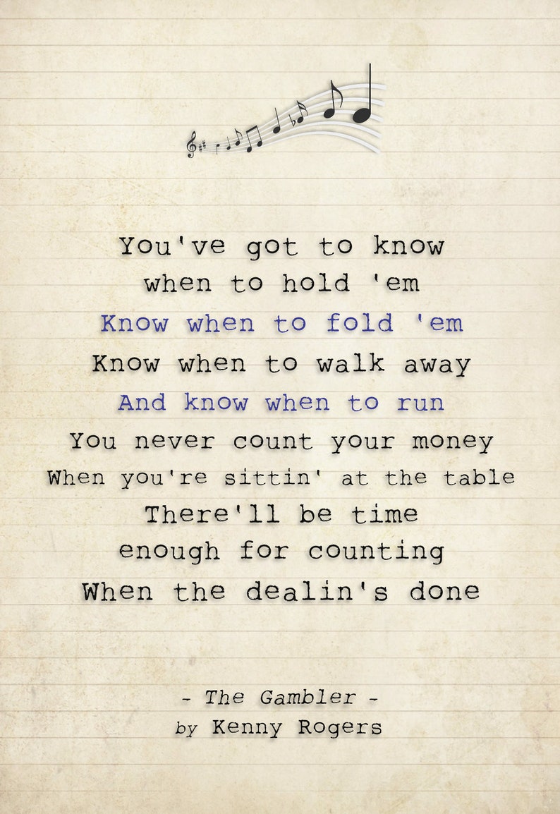 Kenny Rogers the Gambler Song Lyric Art Poster Print Etsy
