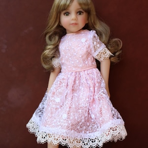 Lace Pink Rosette doll dress, with faux gold leather shoes for 13 inch dolls
