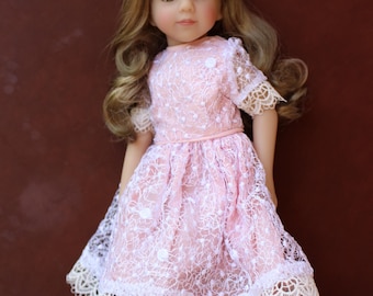 Lace Pink Rosette doll dress, with faux gold leather shoes for 13 inch dolls
