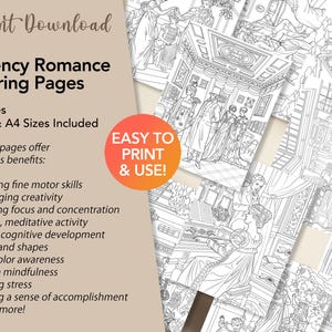 May include: A set of 25 black and white coloring pages featuring Regency Romance scenes. The pages are available in Letter and A4 sizes. The text "EASY TO PRINT & USE!" is displayed in a red circle.
