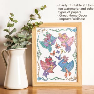 May include: A framed printable coloring page featuring four colorful hats with floral accents. The text on the frame reads "Easily Printable at Home (on watercolor and other types of paper) - Great Home Decor - Improve Wellness".