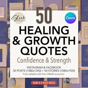 Healing Quotes Editable Canva Templates: 50 Confidence & Self Growth Quotes for Instagram Facebook (Instant Download) image 1