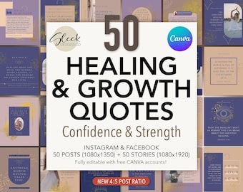 Healing Quotes Editable Canva Templates: 50 Confidence & Self Growth Quotes for Instagram Facebook (Instant Download)