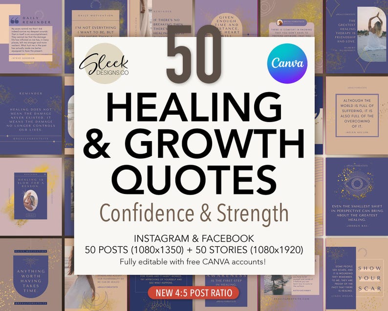 Healing Quotes Editable Canva Templates: 50 Confidence & Self Growth Quotes for Instagram Facebook (Instant Download) image 1